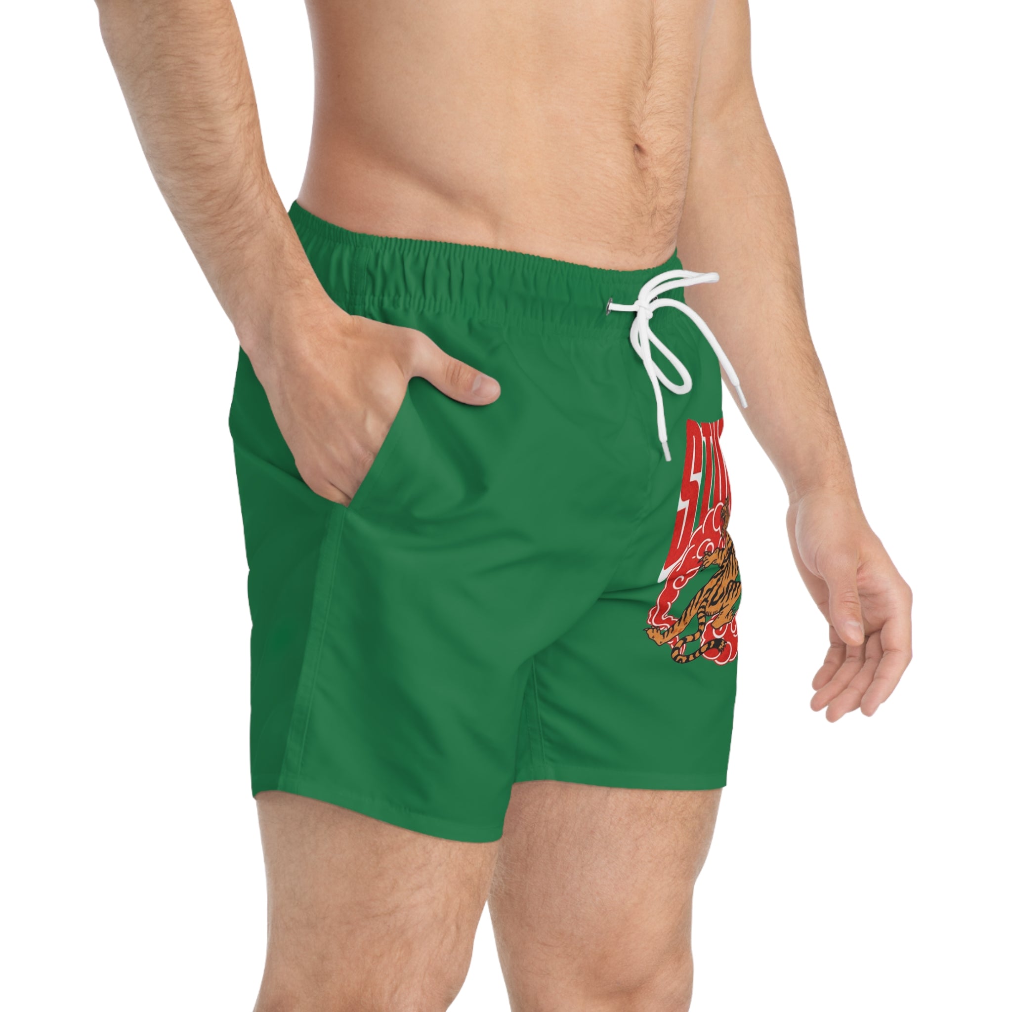 Fierce Tiger Swim Trunks — Green All-Over-Print Beach Shorts