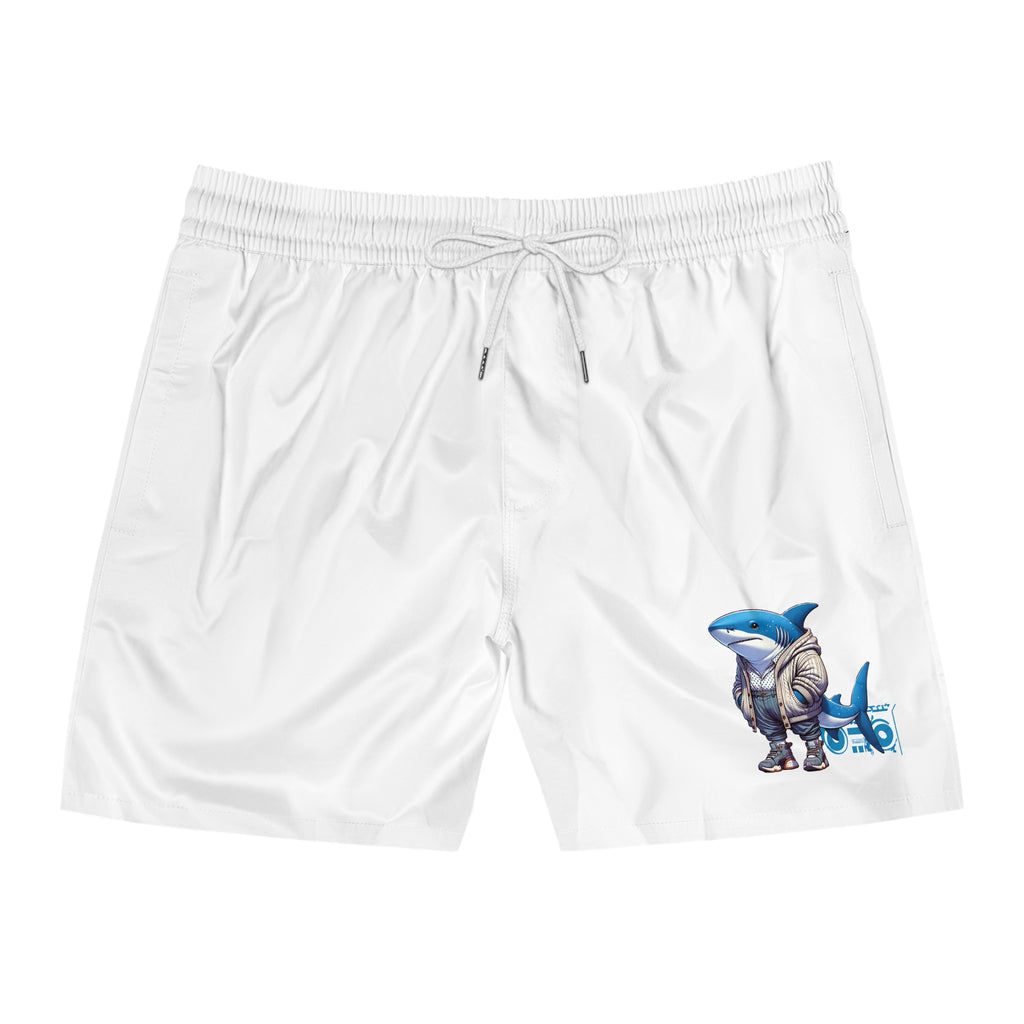Shark Surfer Men's Swim Shorts — White Mid