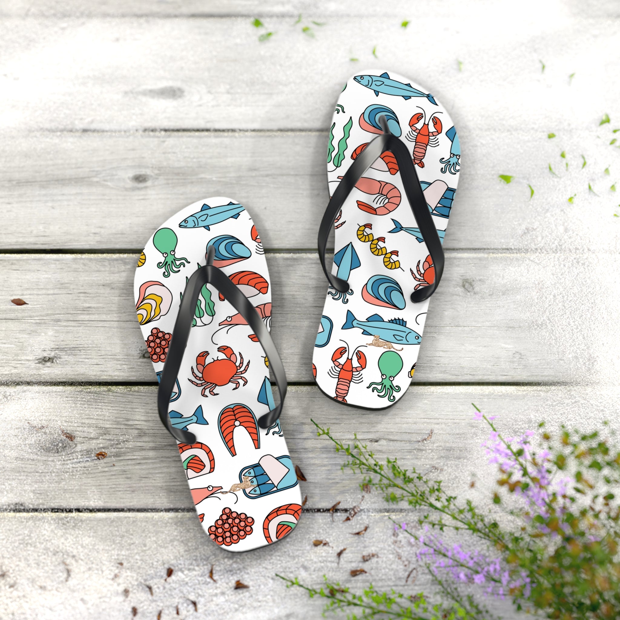Seafood Pattern Flip Flops — Beachwear Sandals