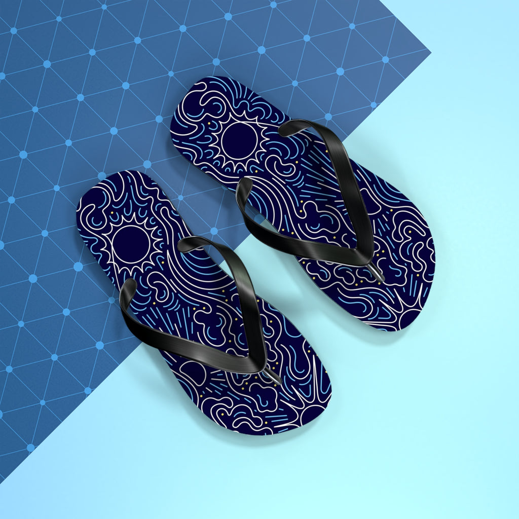 Navy Wave Pattern Flip Flops - Beach Sandals