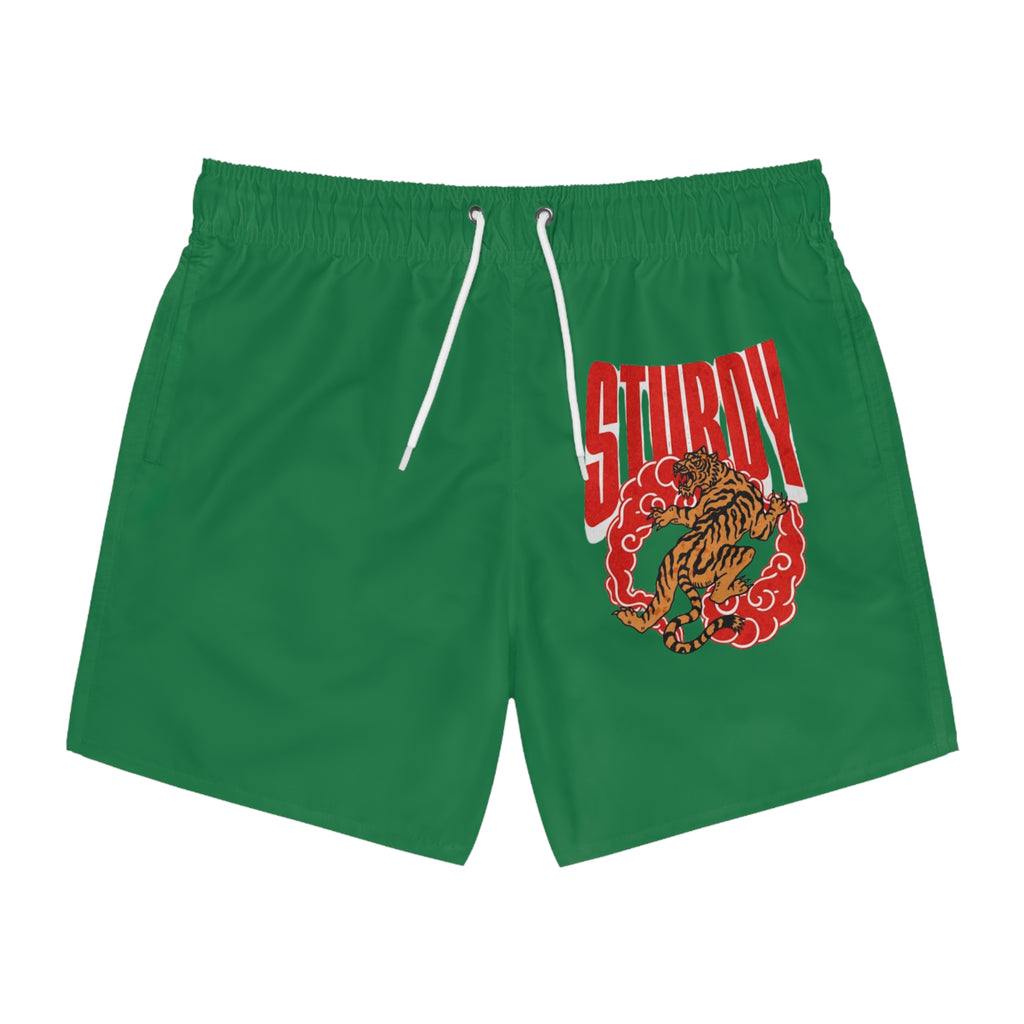Fierce Tiger Swim Trunks — Green All-Over-Print Beach Shorts