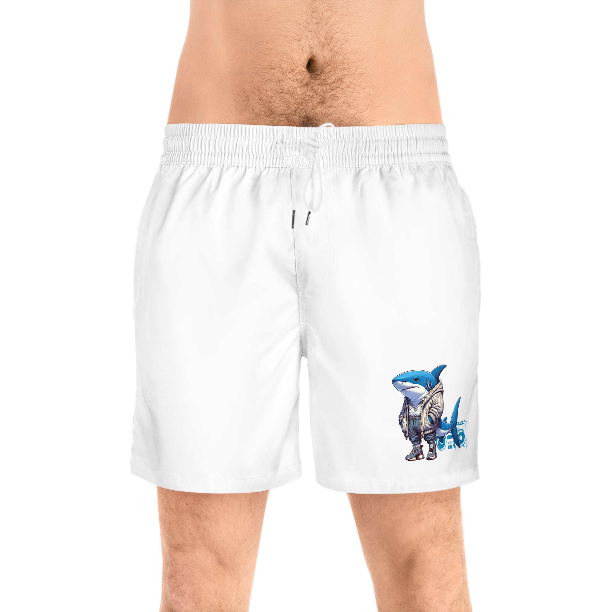 Shark Surfer Men's Swim Shorts — White Mid