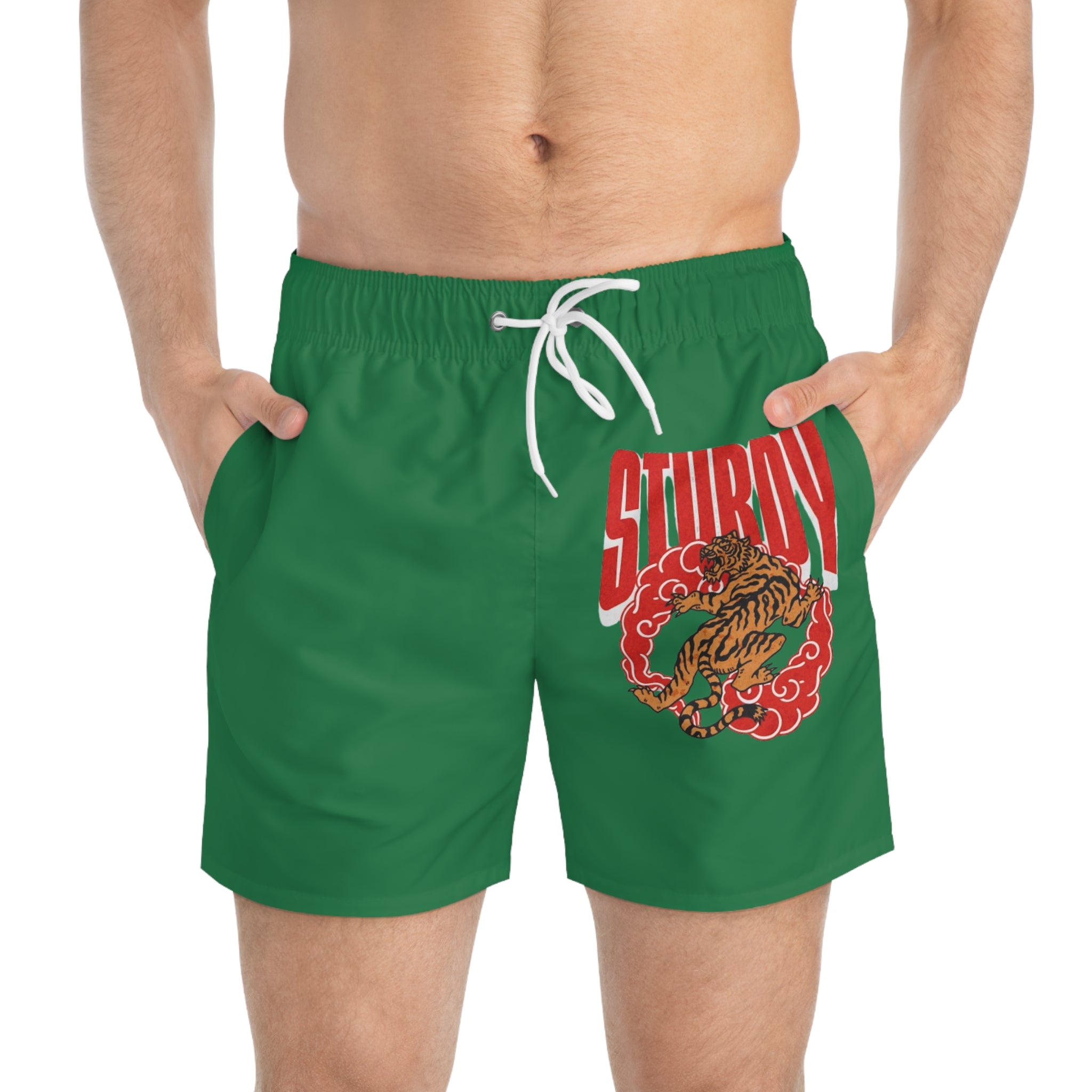 Fierce Tiger Swim Trunks — Green All-Over-Print Beach Shorts