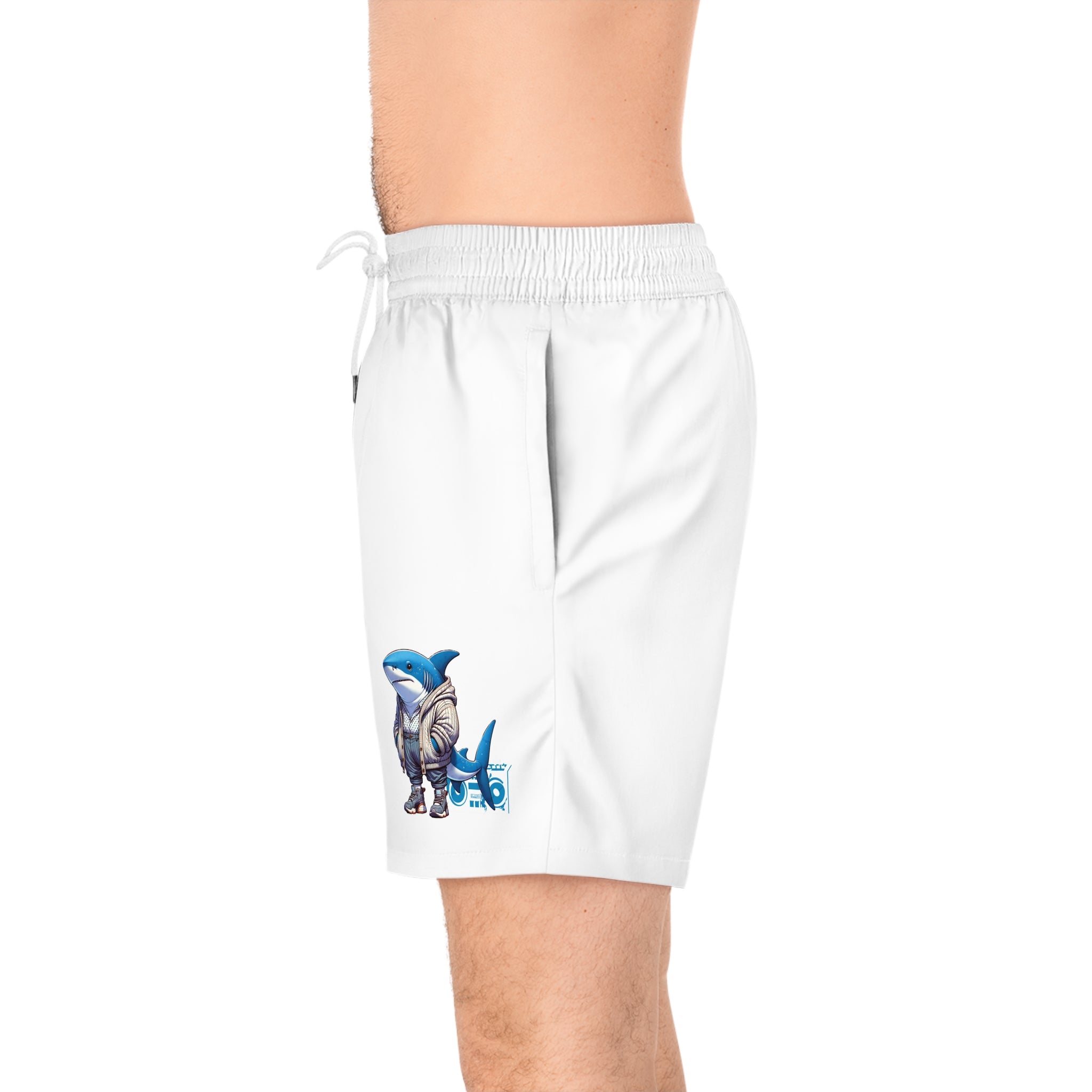 Shark Surfer Men's Swim Shorts — White Mid